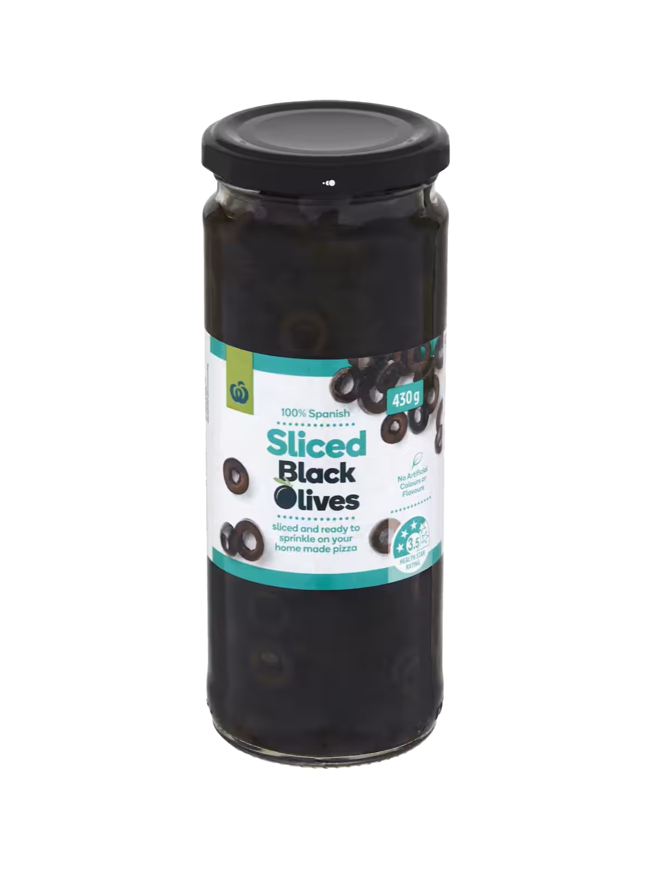 WOOLWORTHS BLACK SLICED OLIVES 430G