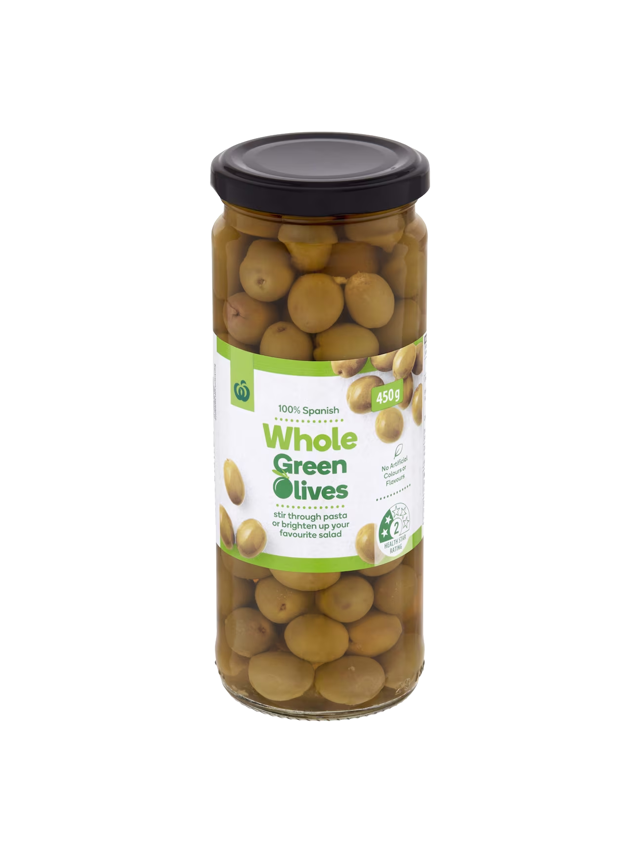 WOOLWORTHS OLIVES GREEN WHOLE 450G
